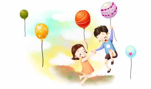 Мальчик, девочка, воздушные шары, небе, счастье