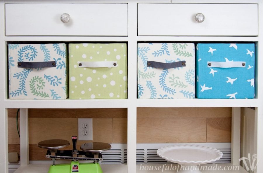 4 DIY fabric storage boxes shown in coffee station.