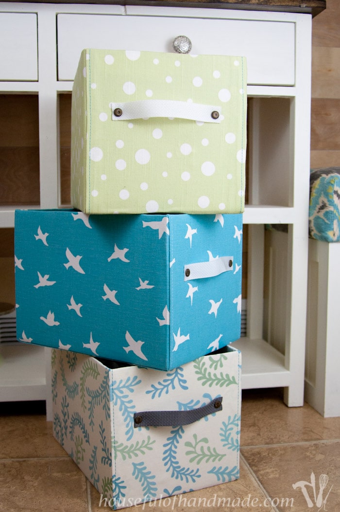 DIY fabric storage boxes in green and white polka dots, blue with birds and multi. 