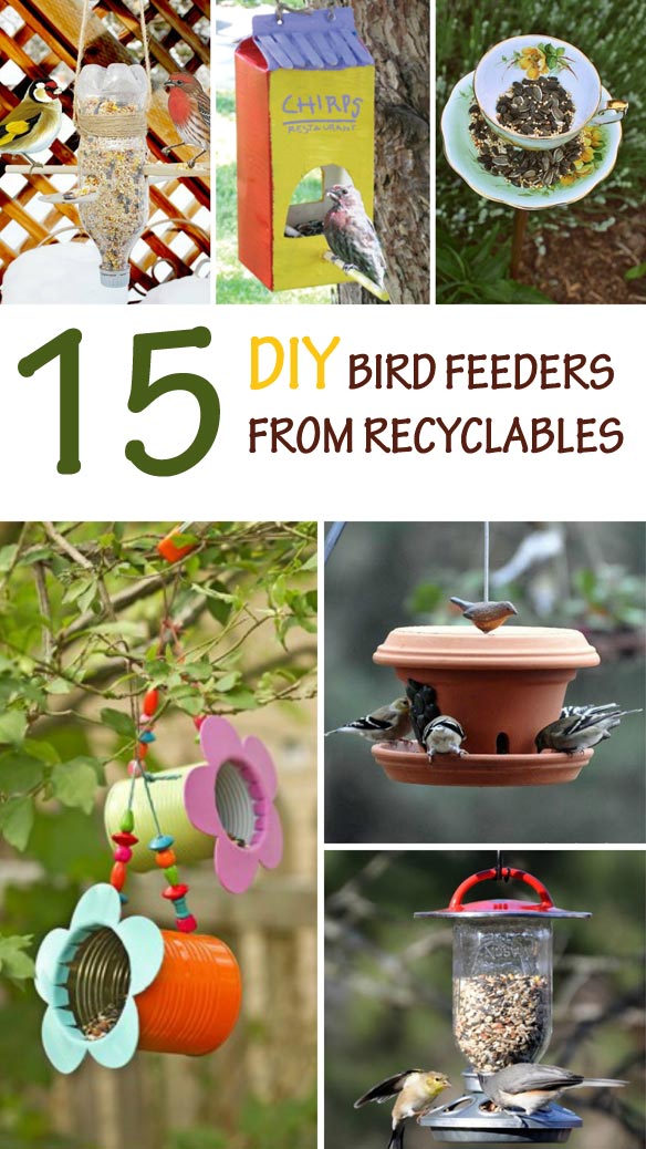 15 amazing DIY bird feeders from recyclables. Cheap bird feeders to make with kids this spring or summer. A fun and easy nature craft for preschool or older kids. 