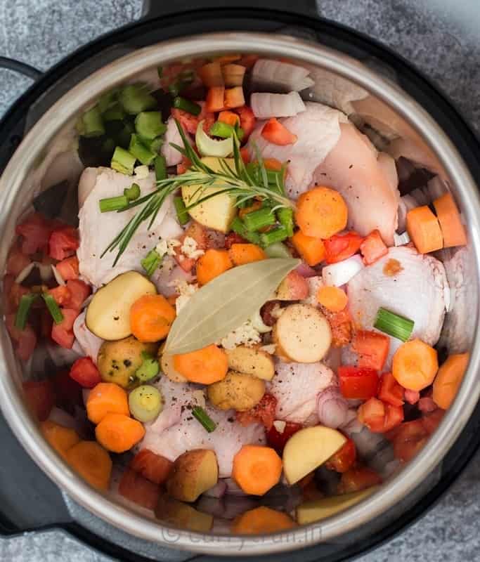 vegetables and chicken for instant pot chicken stew with all herbs and seasoning