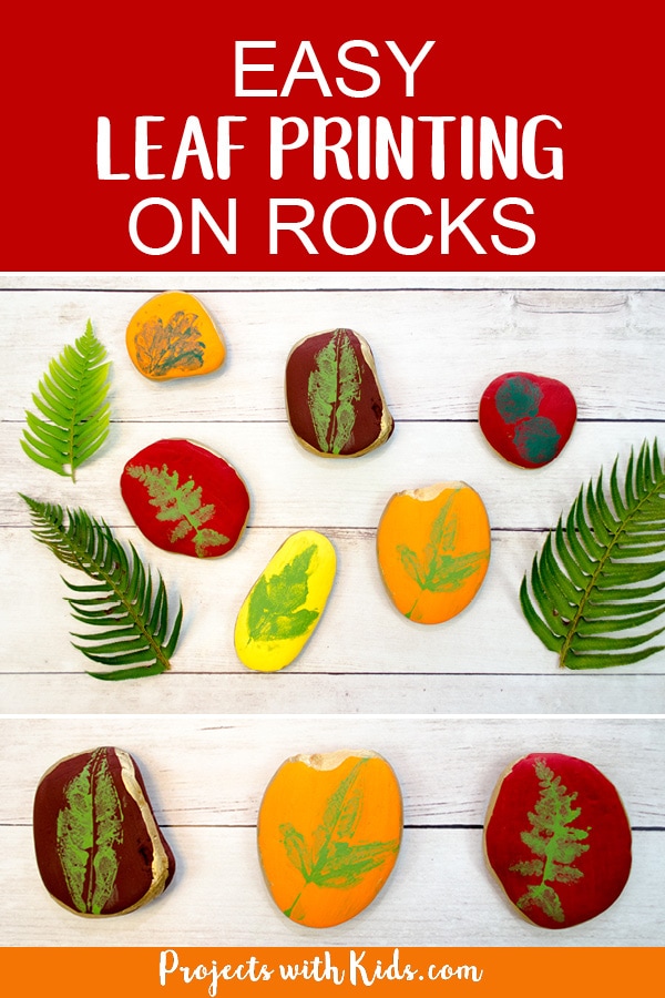This leaf printing art project is a gorgeous fall craft that kids will love making! An easy painted rock idea that would make a great addition to your fall decor this holiday season. #projectswithkids #fallcraft #rockpainting #leafcrafts #leafart